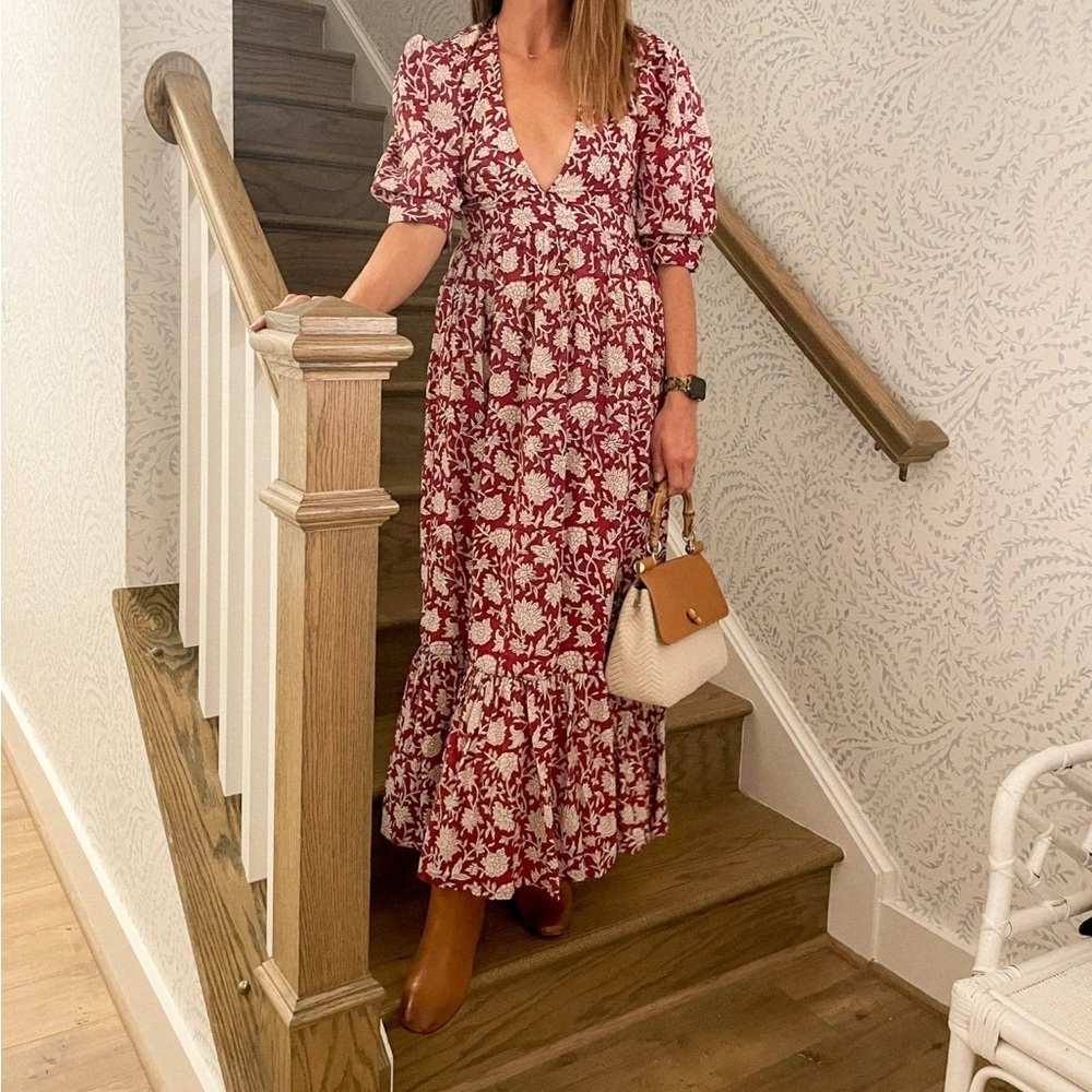 Madison Mathews Red Floral Hand block print maxi‎ dresss back tie